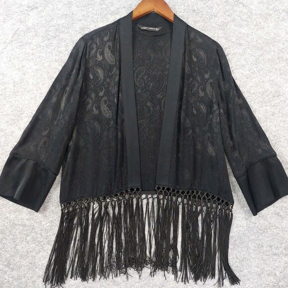 Zara Tops - Zara Black Label Kimono Jacket Small Black Paisley Fringe Boho Lightweight